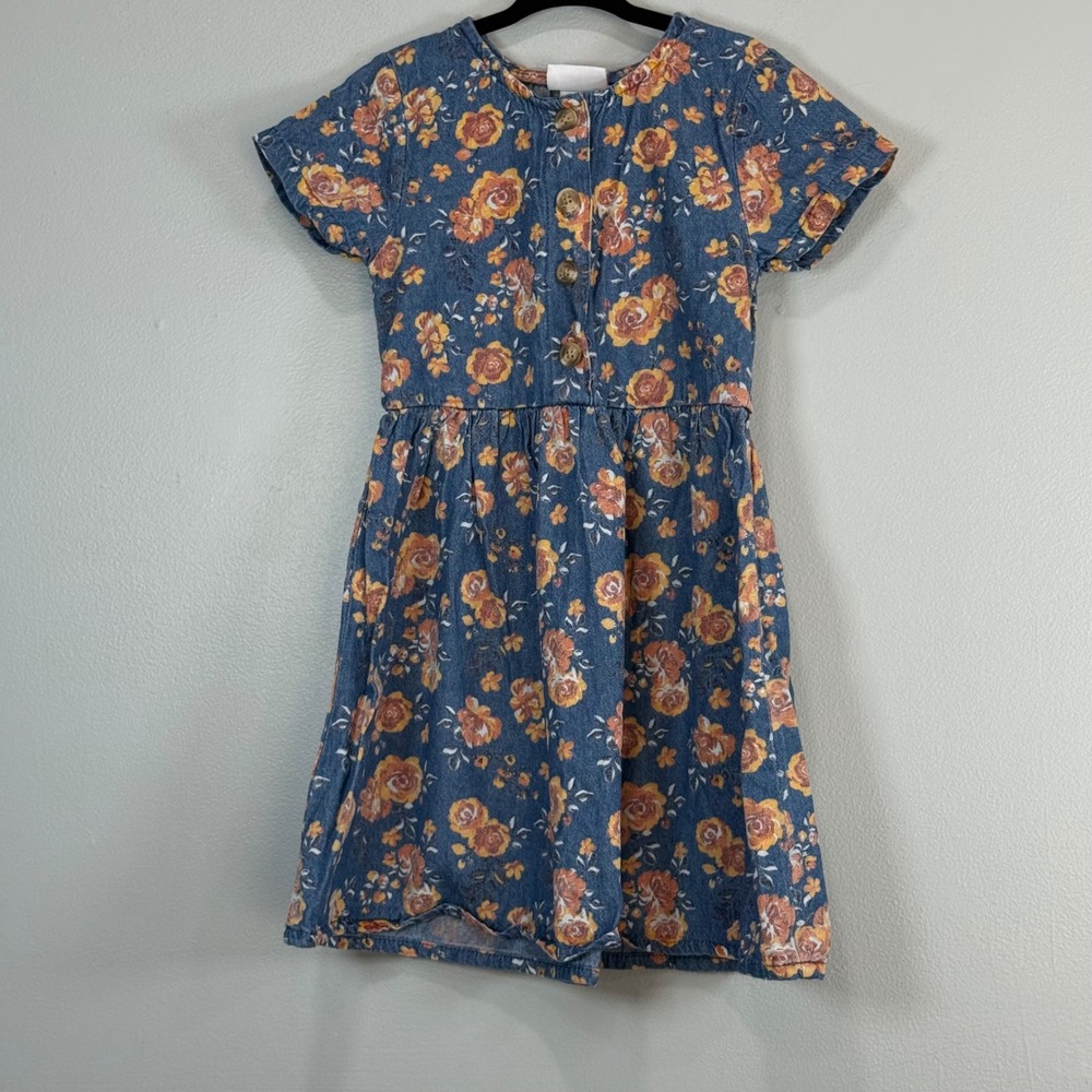 Little Lass Girls Blue Floral Denim Look Short Sleeve Button Front Dress Size 6X